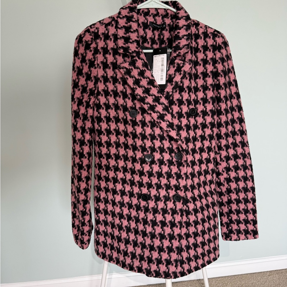 Trendyol Pink and Black Houndstooth Pea Coat